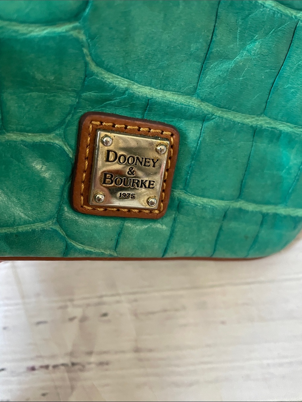 Dooney & Bourke Turquoise Croc-Embossed Wristlet with Brown Trim - Picture 2 of 5